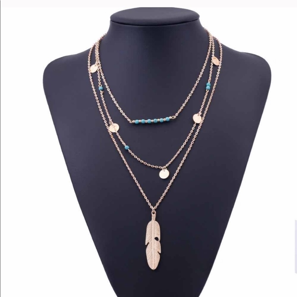 🌟BESTSELLER🌟 3-Layer Feather Necklace Gold Tone - Picture 2 of 4